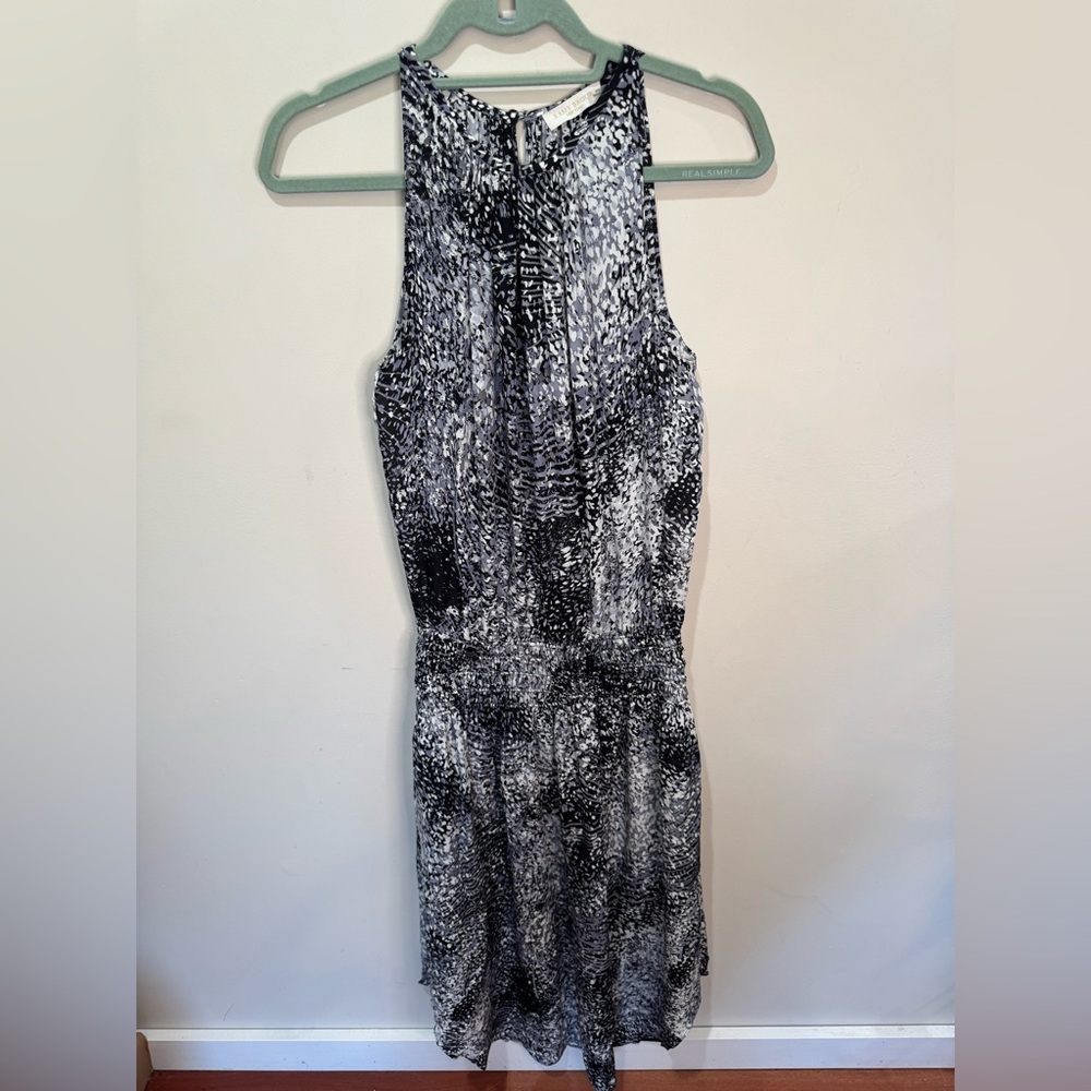 Ramy Brook Audrey Smocked Midi Silk Dress Black and White Print Sz S